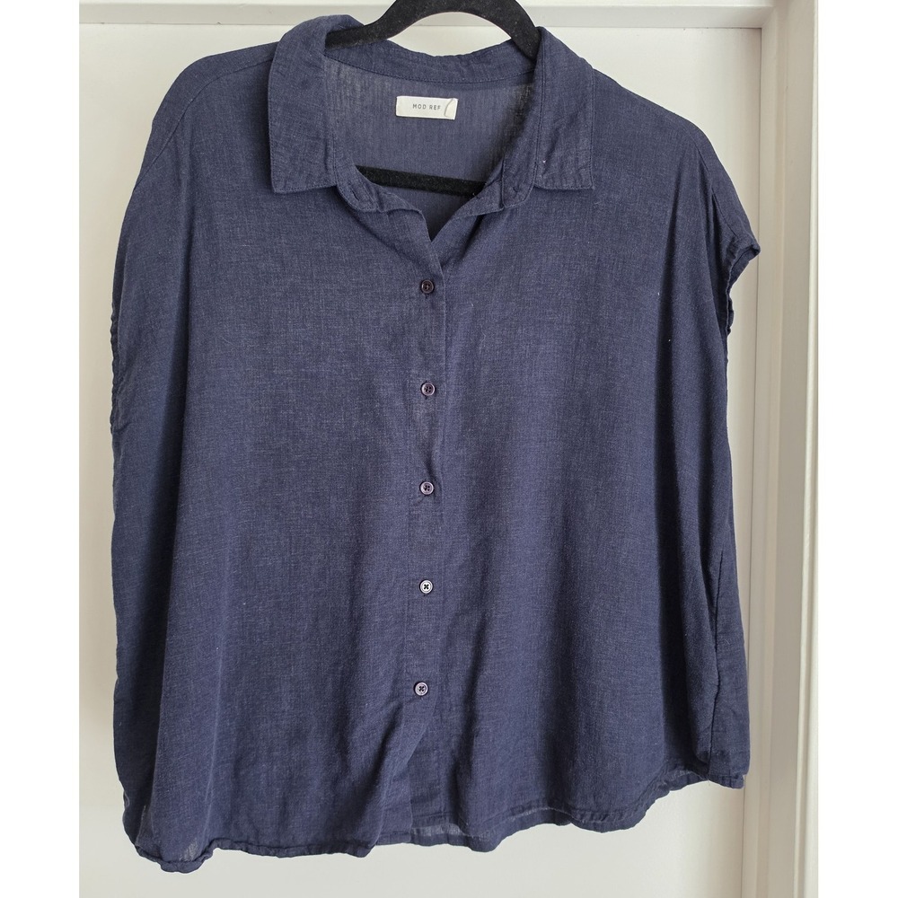 MOD REF Women Blouse Medium Sleeveless Navy Rayon Linen Blend Lightweight Shirt